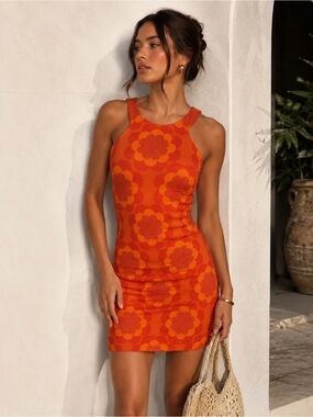 Trina Turk Orange Floral Halter Knit Mini Dress